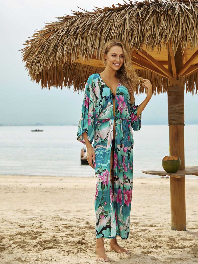 Beachwear Long Kimono Floral Print Green Color Rayon Long Length Gown Robe Kimono - Image 5