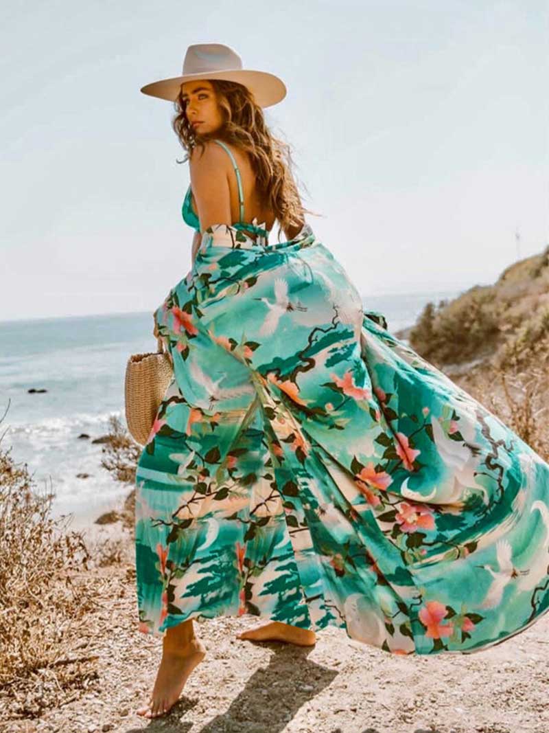 Beachwear Long Kimono Floral Print Green Color Rayon Long Length Gown Robe Kimono - Image 7