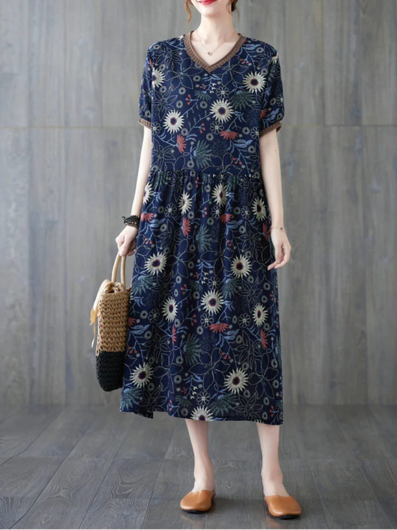 Beautiful summer floral cotton linen Smock slim dress  Fit - Image 2