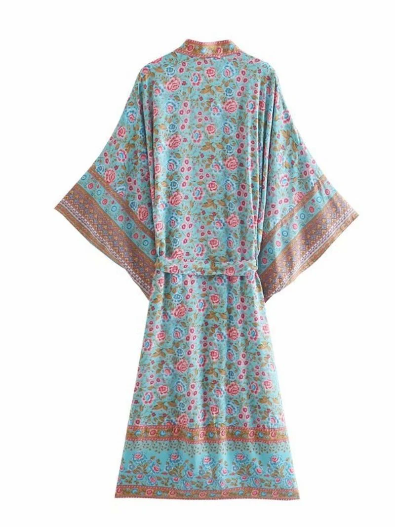 Beachwear Long Floral Print Blue Color Cotton Long Length Gown Kimono Robe - Image 2