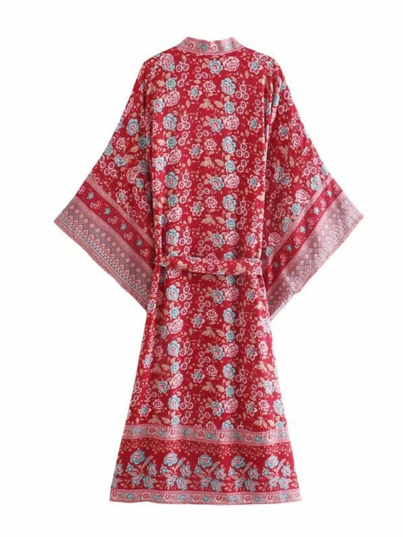 Bridal Wear Cotton Long Length With Floral Print Red Color Gown Robe Kimono Duster Robe - Image 2