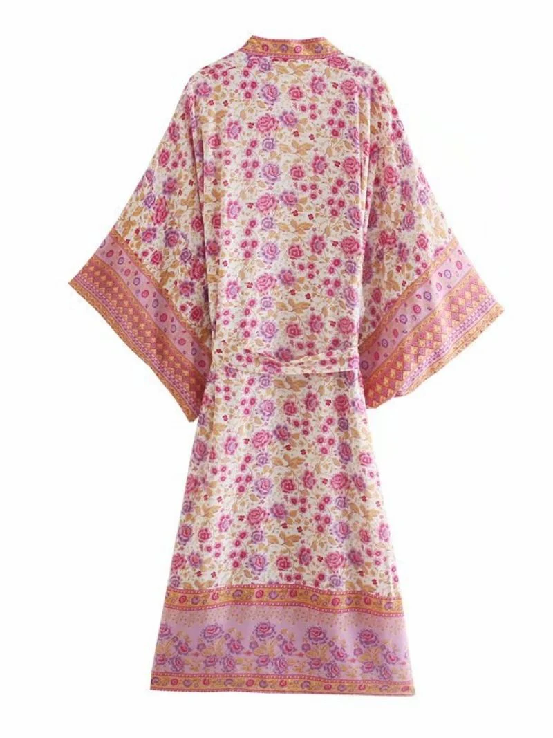 Party Wear Floral Print Pink Color Cotton Long Length Gown Kimono Duster Robe - Image 2