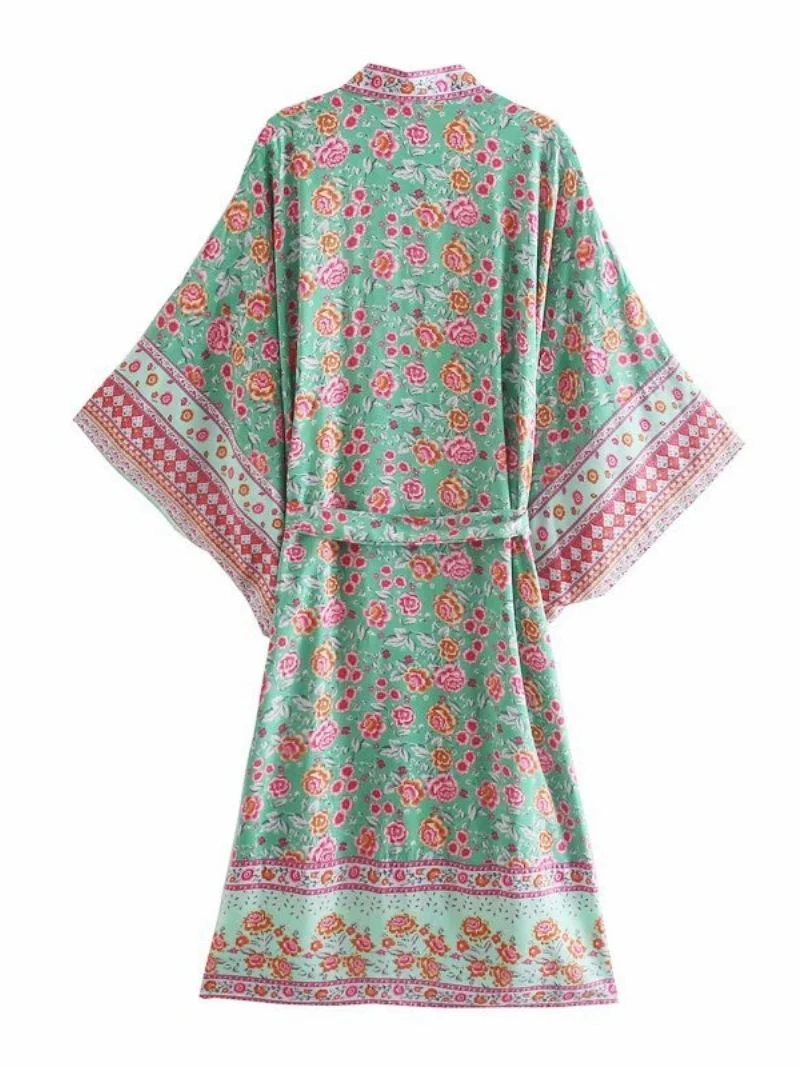 Partywear Floral Print Green Color Cotton Long Length Gown Kimono - Image 2