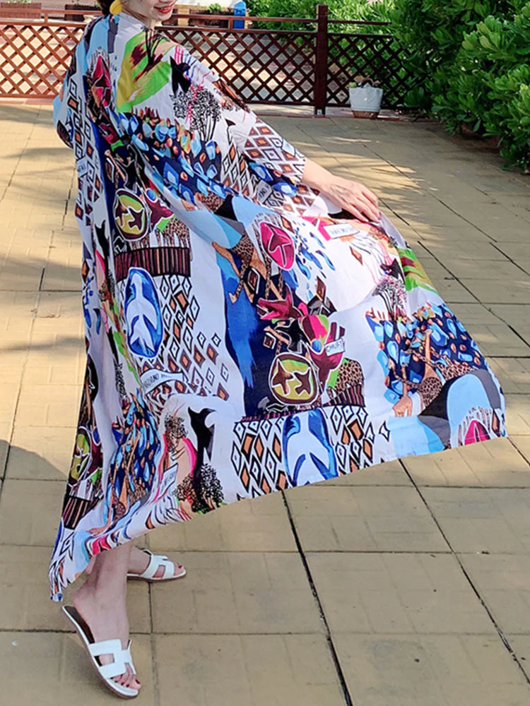 Printed Multicolor Cotton Long Length Gown Kimono Duster Robe - Image 4