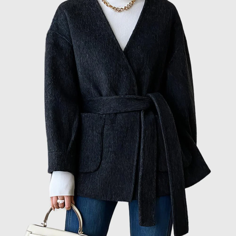 DARK GREY Belted Cardigan with Pockets - Image 2