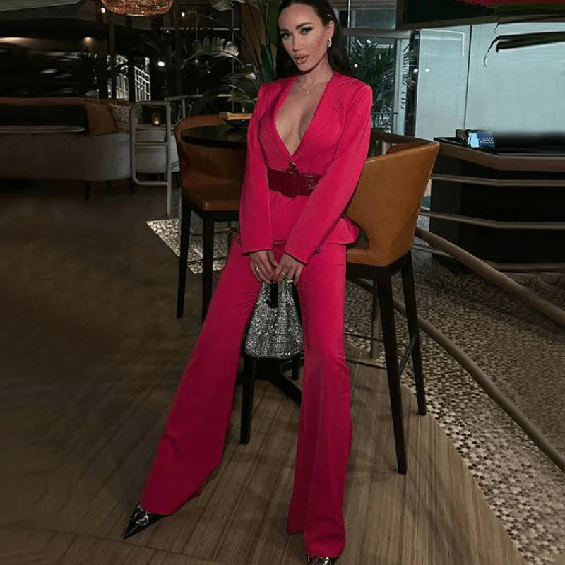 Belted Flared Leg Single Breasted Tailored Blazer Matching Set - Hot Pink - Image 5