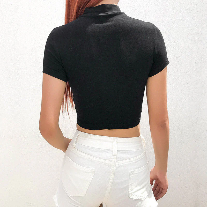Biker Mock Neck Short Sleeve Pressed Buckle Pullover Cropped Top - Black - Image 3