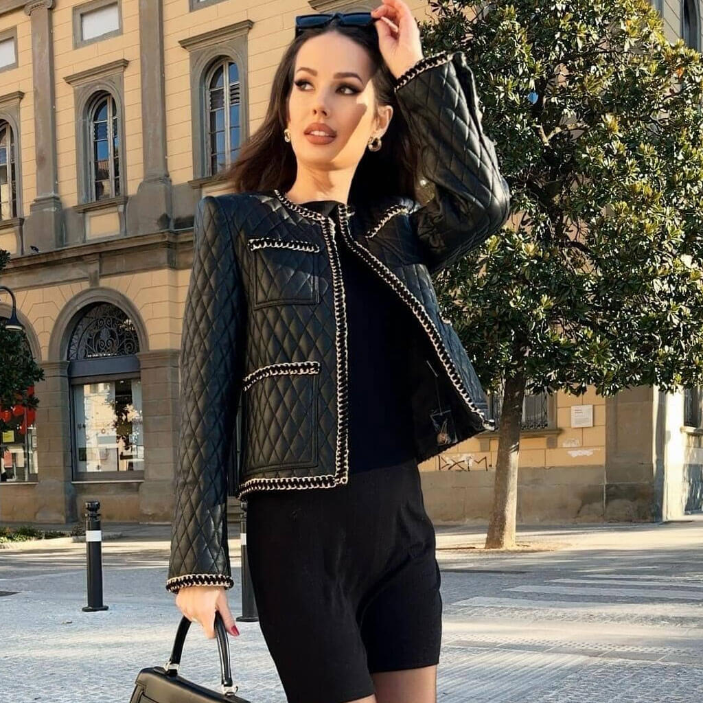 Biker Winter Metallic Chain Trim Long Sleeve Vegan Leather Quilted Jacket - Image 2