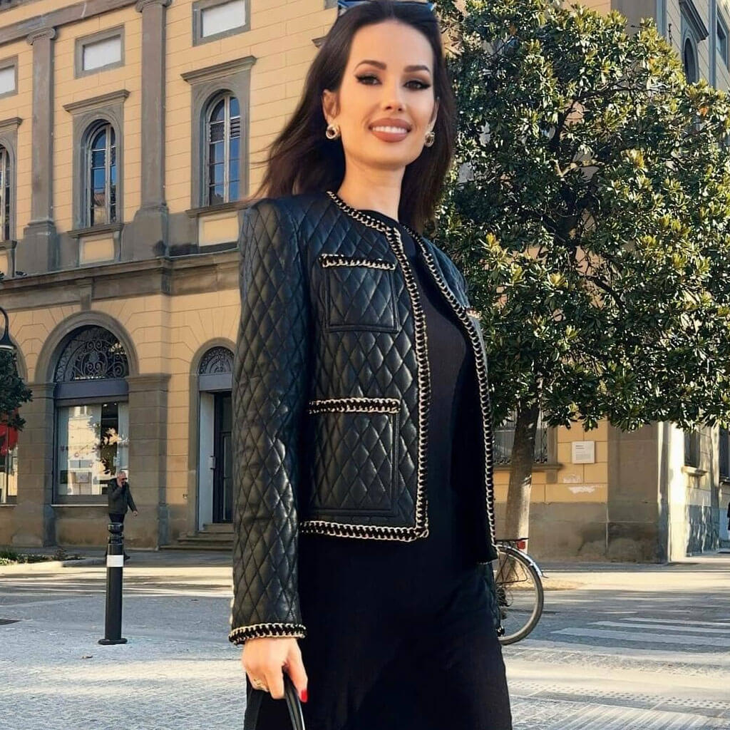Biker Winter Metallic Chain Trim Long Sleeve Vegan Leather Quilted Jacket - Image 3