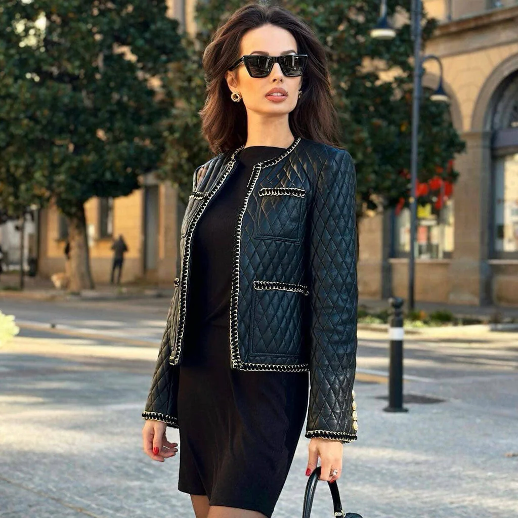 Biker Winter Metallic Chain Trim Long Sleeve Vegan Leather Quilted Jacket - Image 4