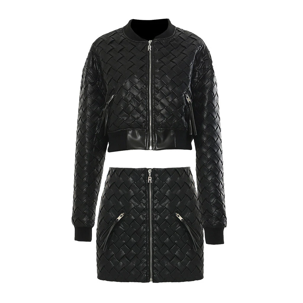 Biker Zip Up Vegan Leather Braided Crop Bomber Jacket Matching Set - Image 3