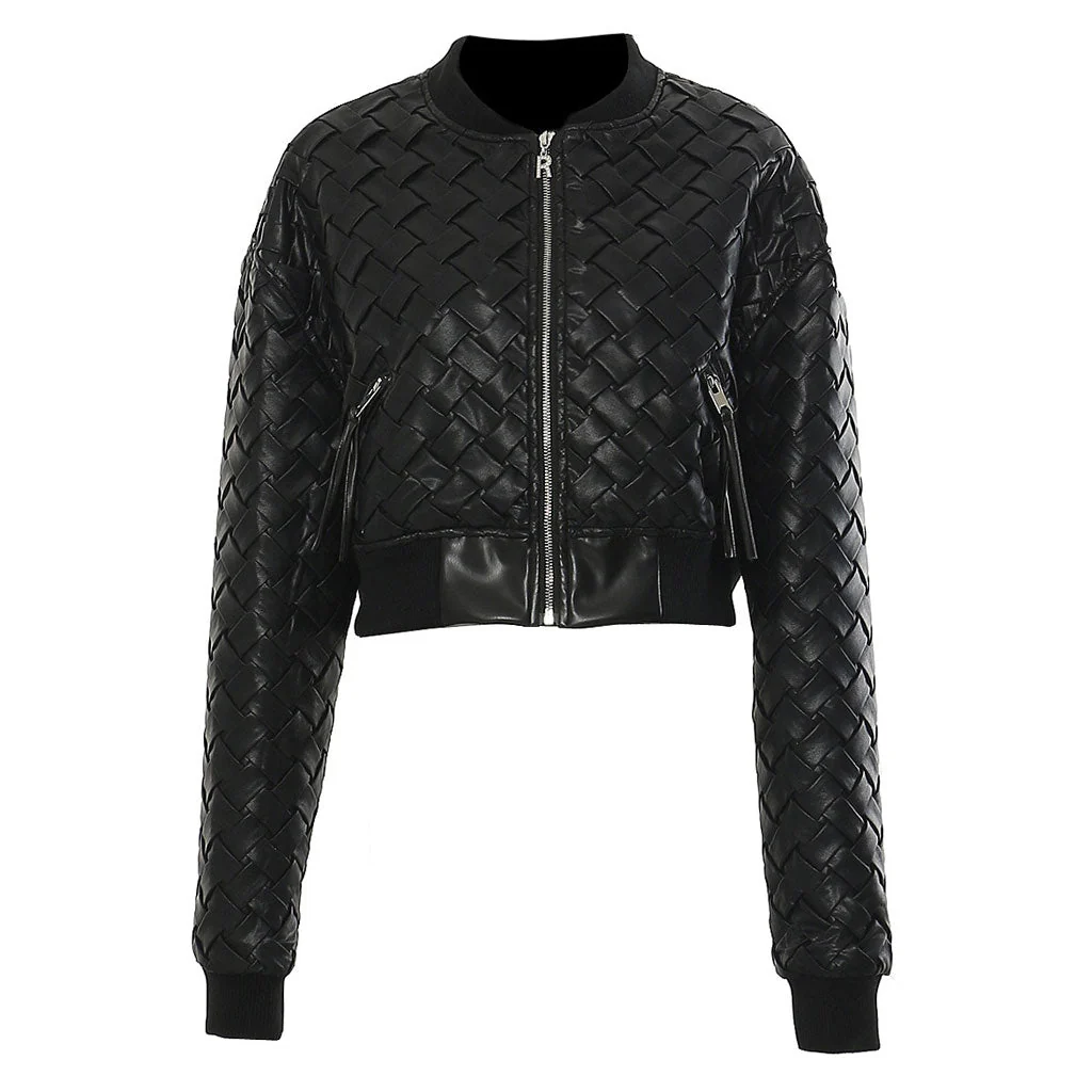 Biker Zip Up Vegan Leather Braided Crop Bomber Jacket Matching Set - Image 4