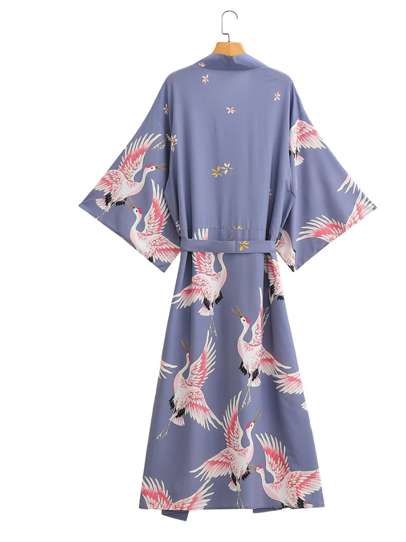 Bird Floral Long Kimono, beach cover up, long beach kimono - Image 2