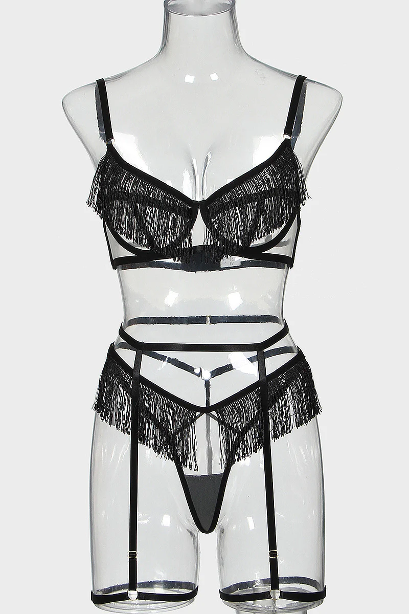 Black 2Pcs Fringe Lace Crochet Lingerie Set - Image 5