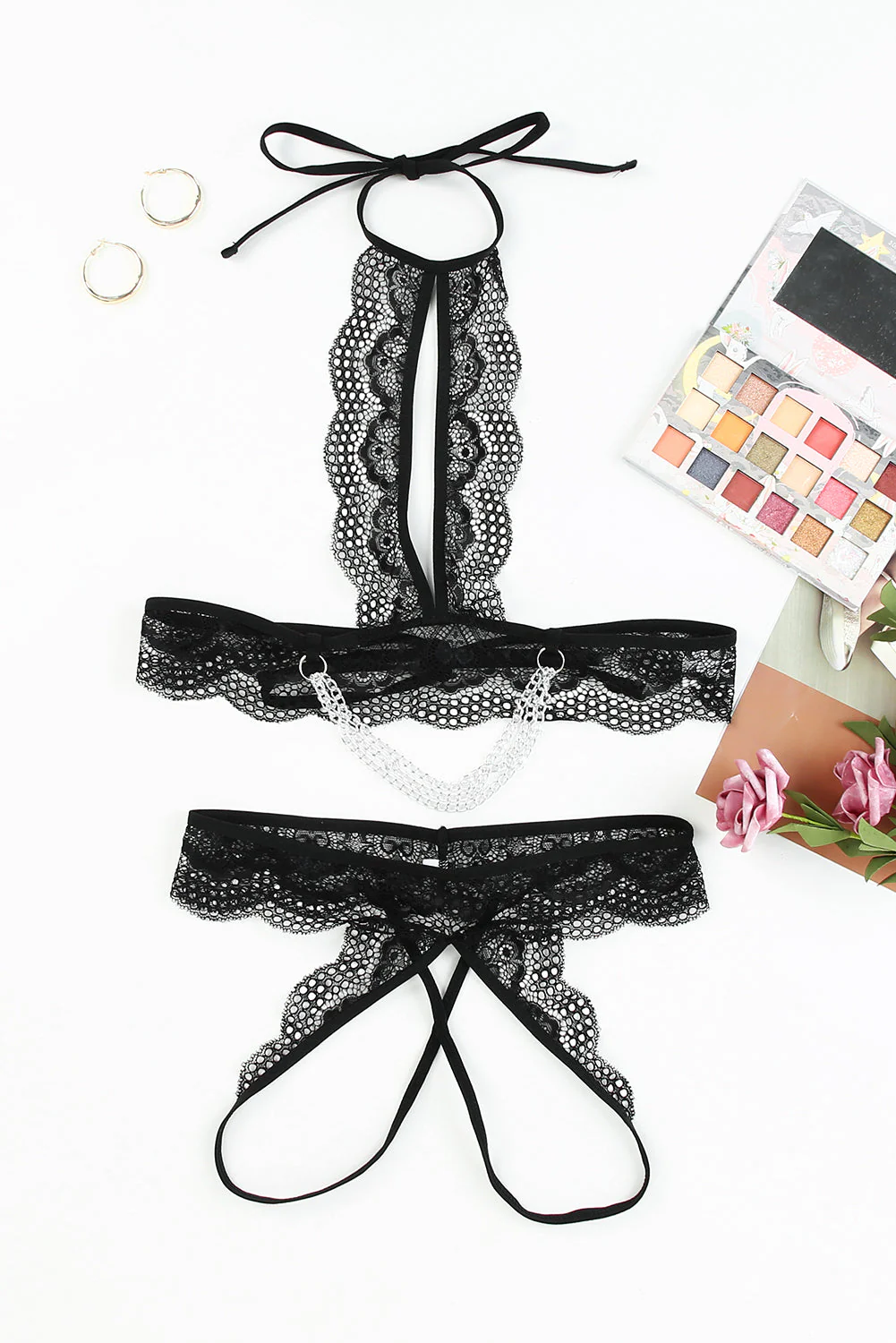 Black 2Pcs Lace Open Cut Chain Decor Lingerie Set - Image 5