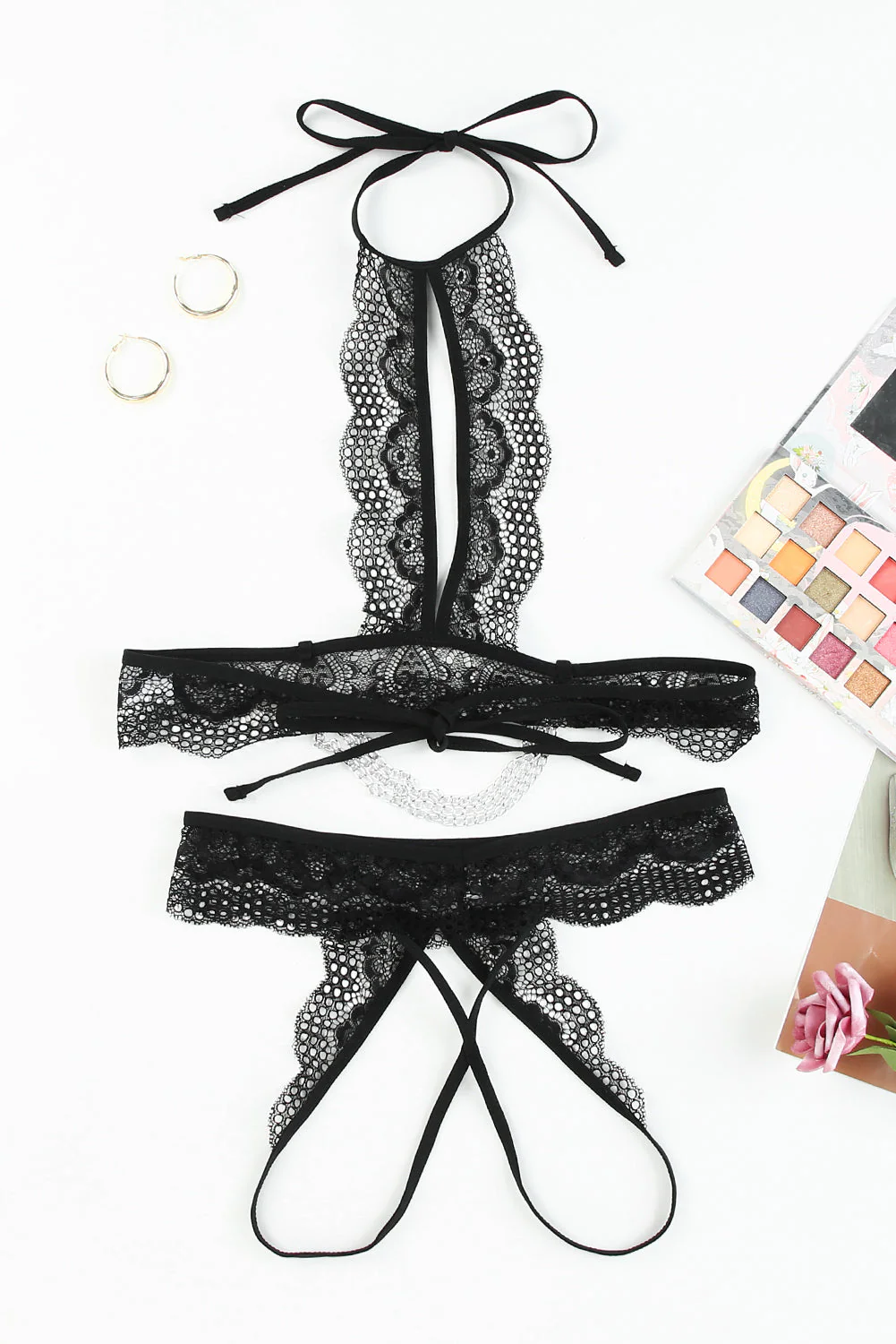 Black 2Pcs Lace Open Cut Chain Decor Lingerie Set - Image 6