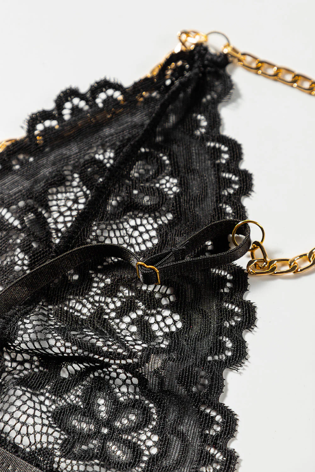 Black 3Pcs Gold Chain Decor Lace Strappy Gartered Lingerie Set - Image 16