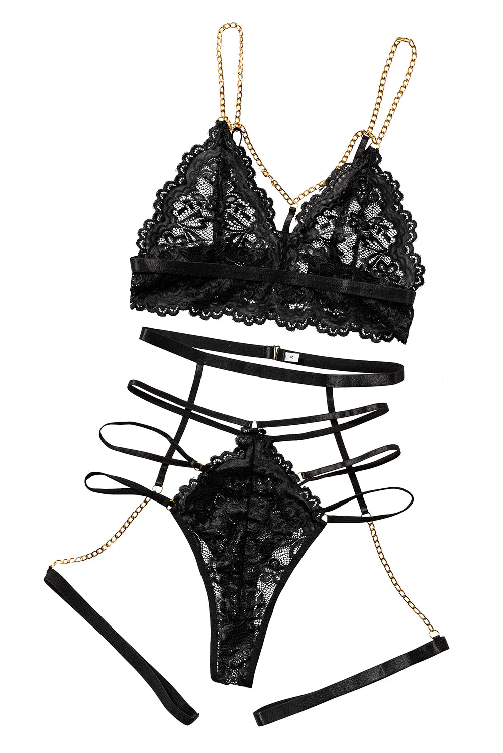 Black 3Pcs Gold Chain Decor Lace Strappy Gartered Lingerie Set - Image 18