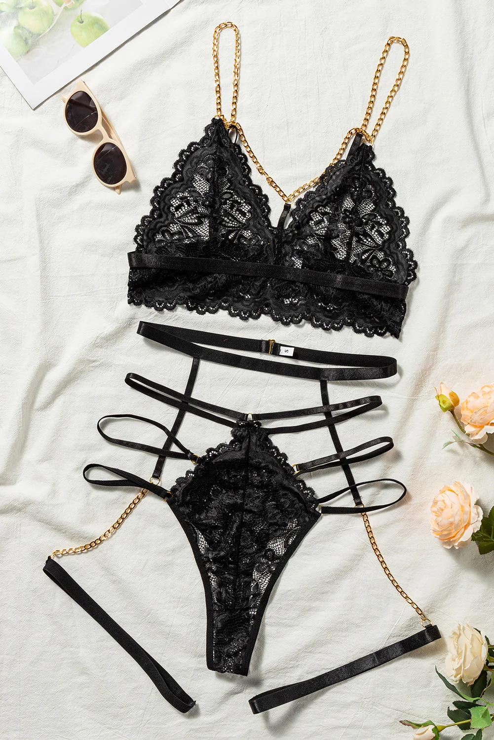 Black 3Pcs Gold Chain Decor Lace Strappy Gartered Lingerie Set - Image 6