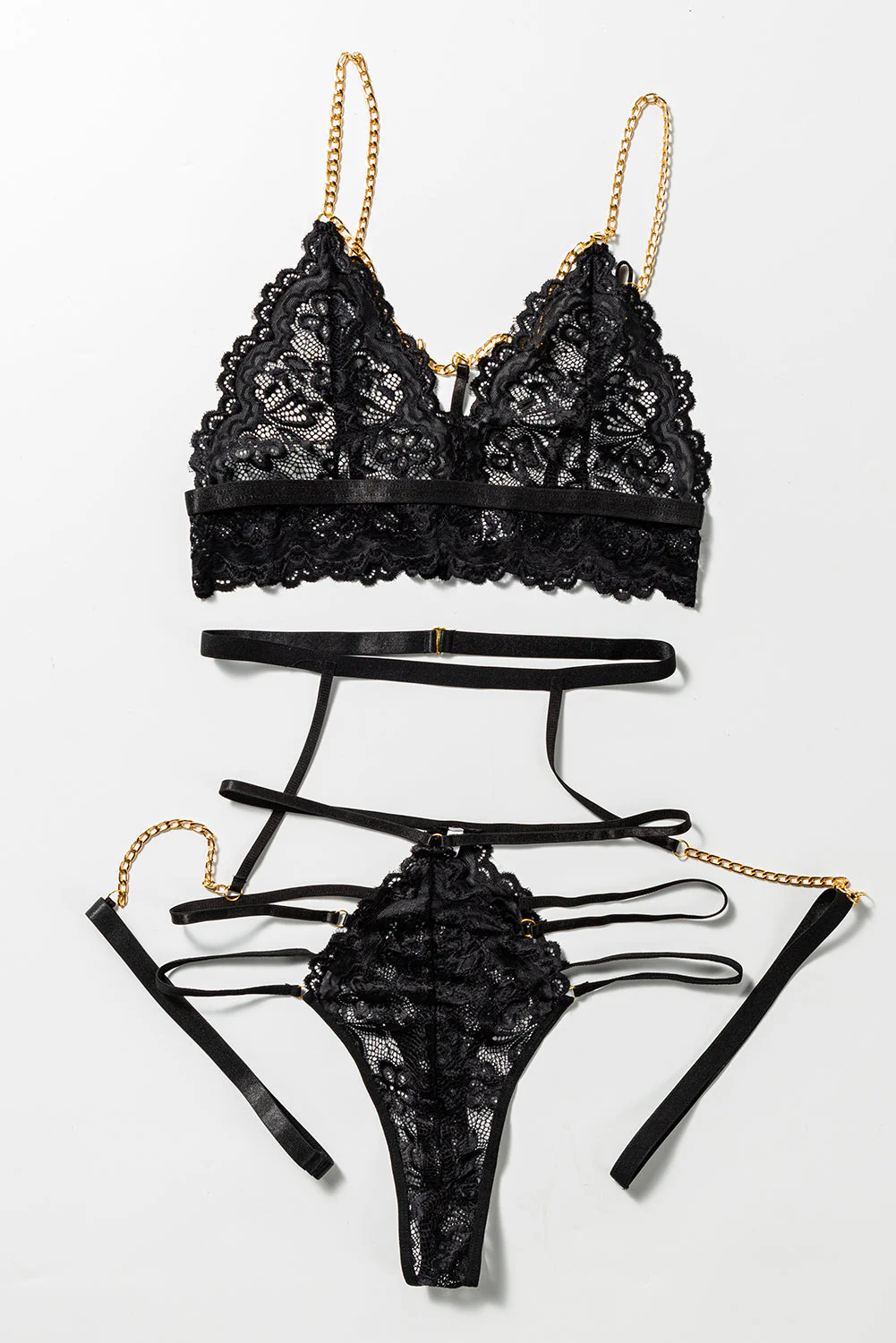 Black 3Pcs Gold Chain Decor Lace Strappy Gartered Lingerie Set - Image 8