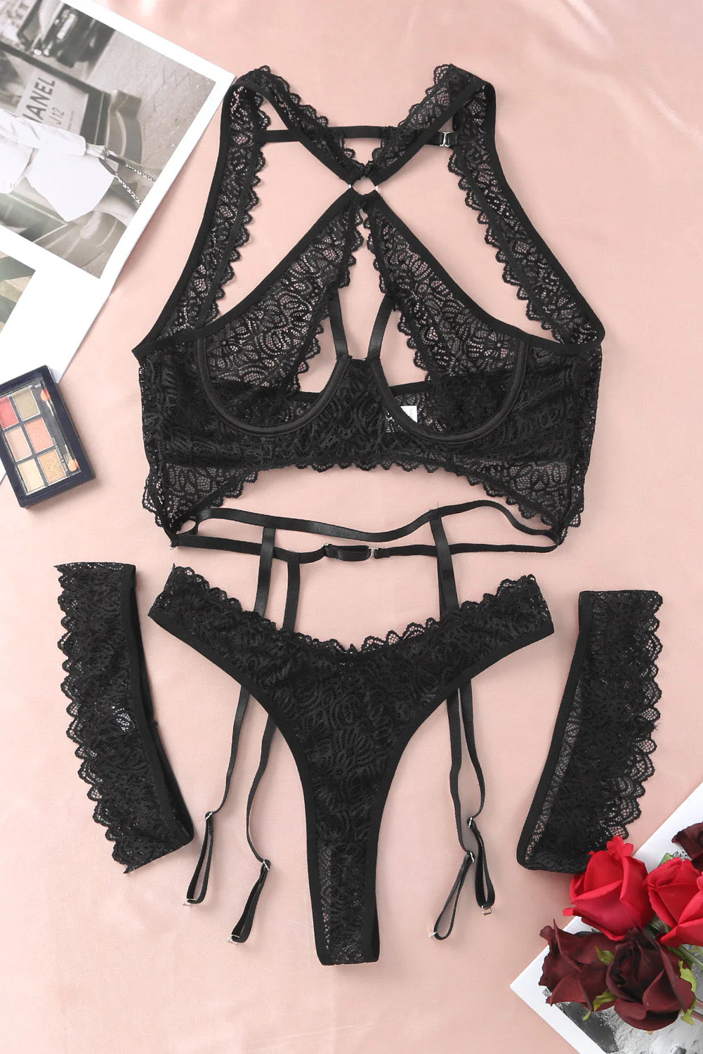 Black 3Pcs Open Cup Lace Strappy Lingerie Set - Image 7