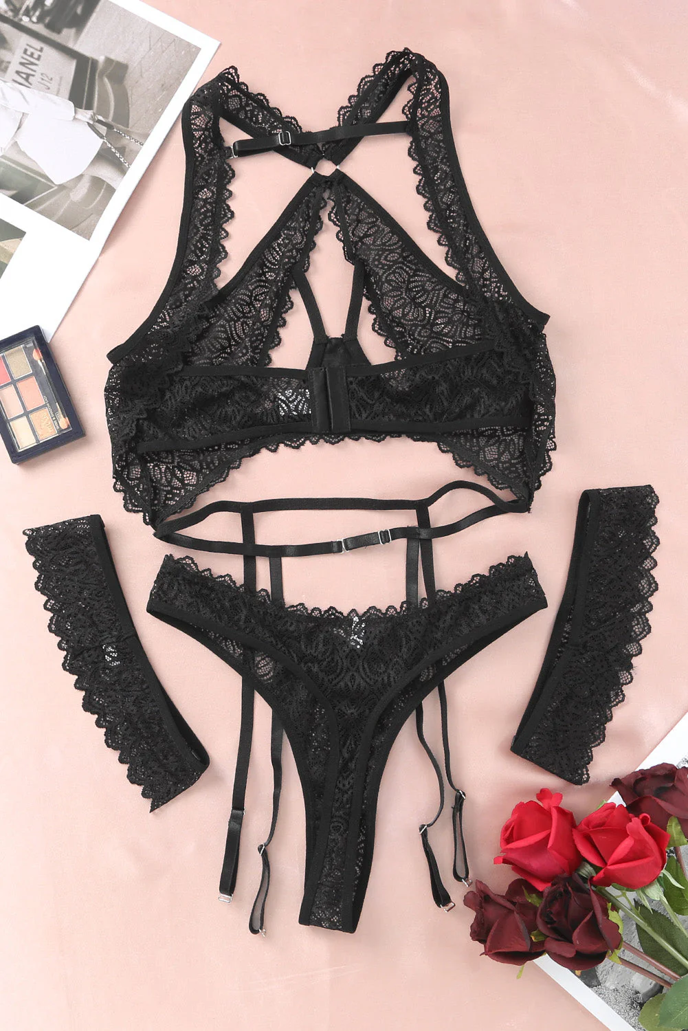 Black 3Pcs Open Cup Lace Strappy Lingerie Set - Image 8