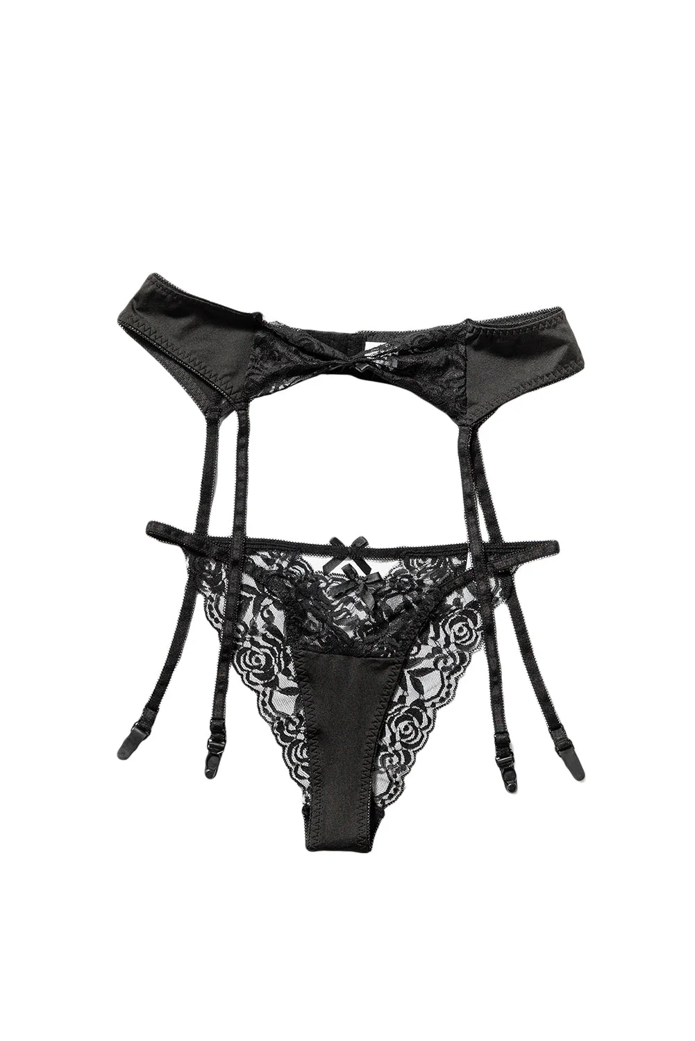 Black Bow Knot Mesh Contrast Garter Belt With Thong - Image 15