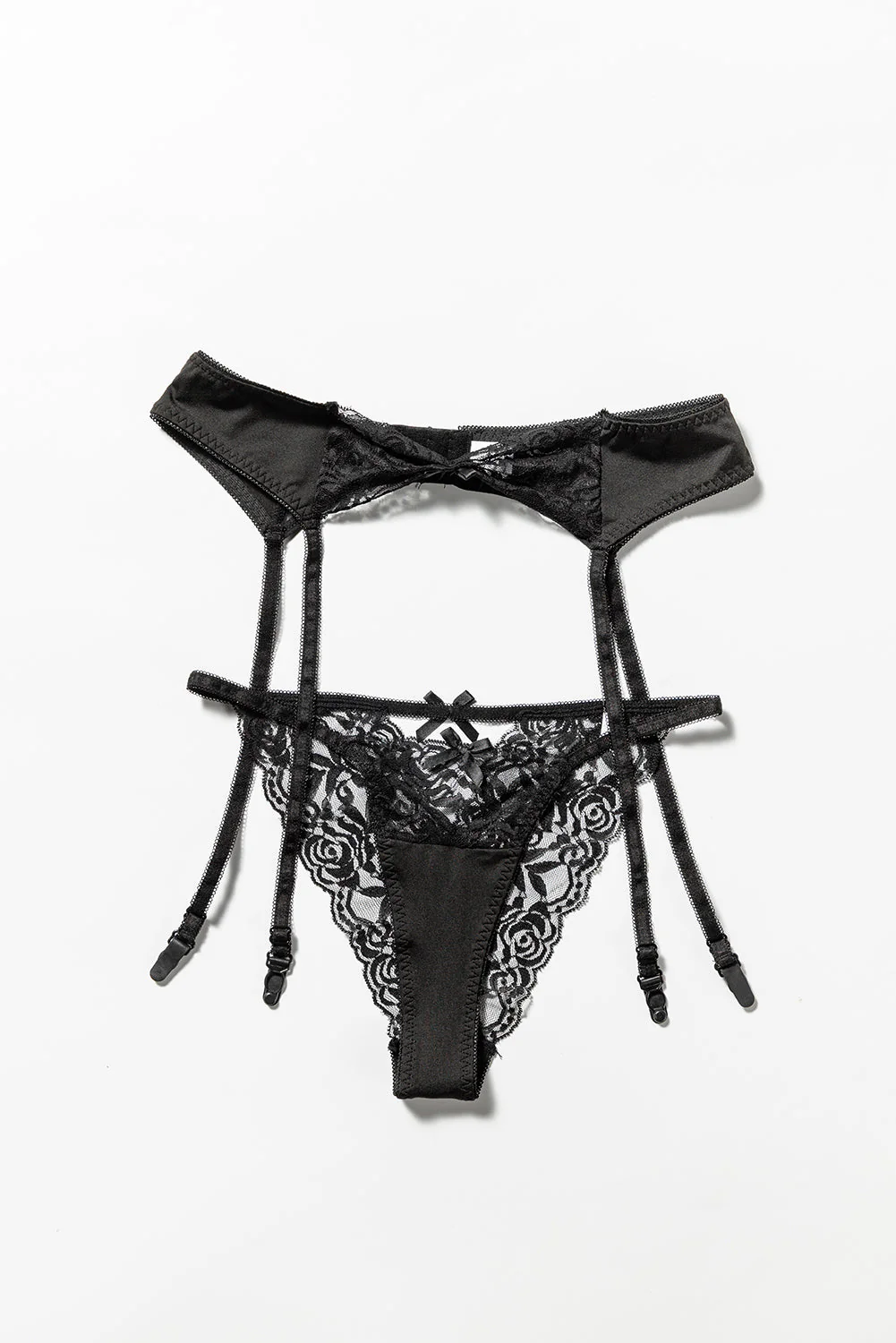 Black Bow Knot Mesh Contrast Garter Belt With Thong - Image 8