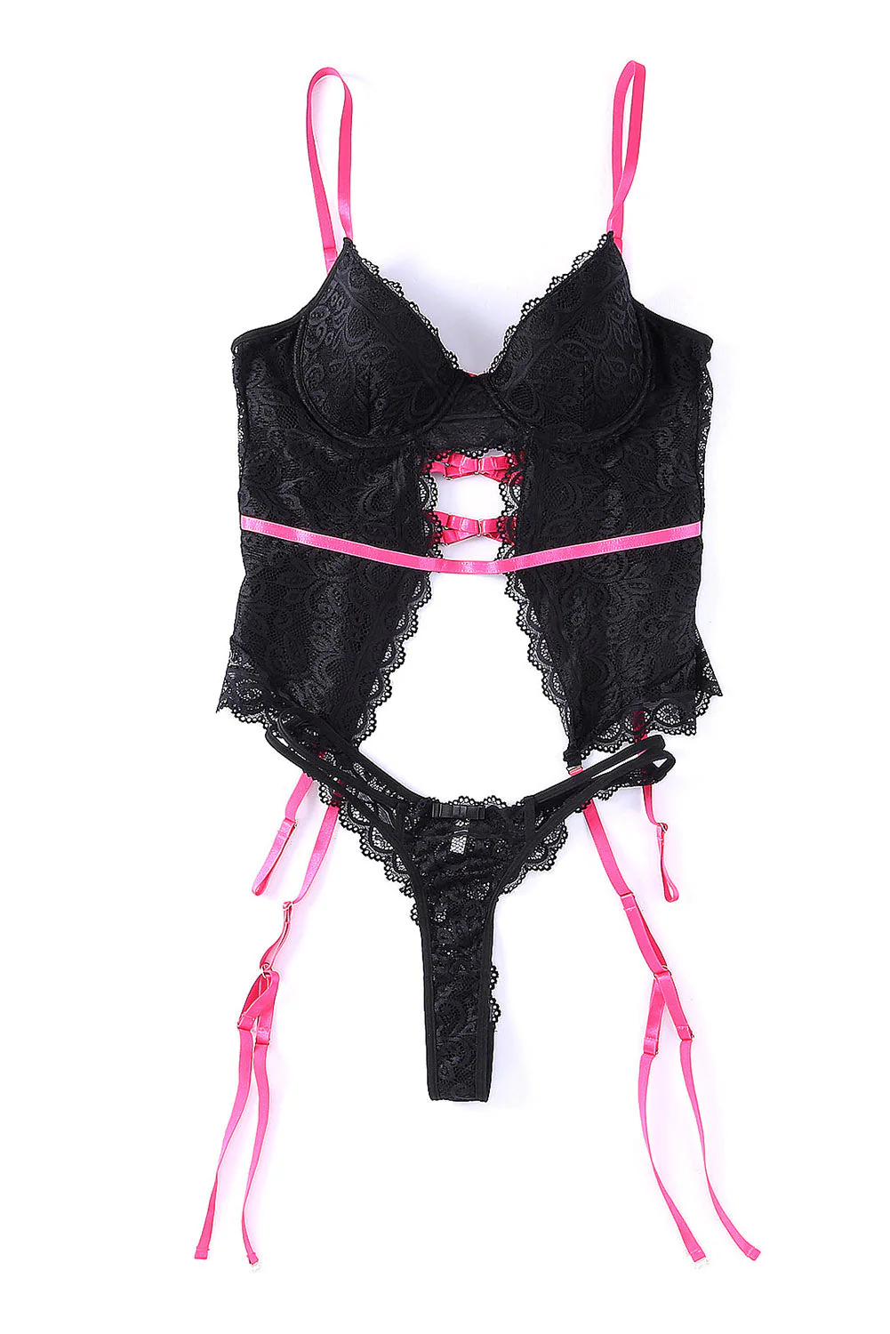 Black Color Block Lace Lingerie Set With Garter Belt - Image 10
