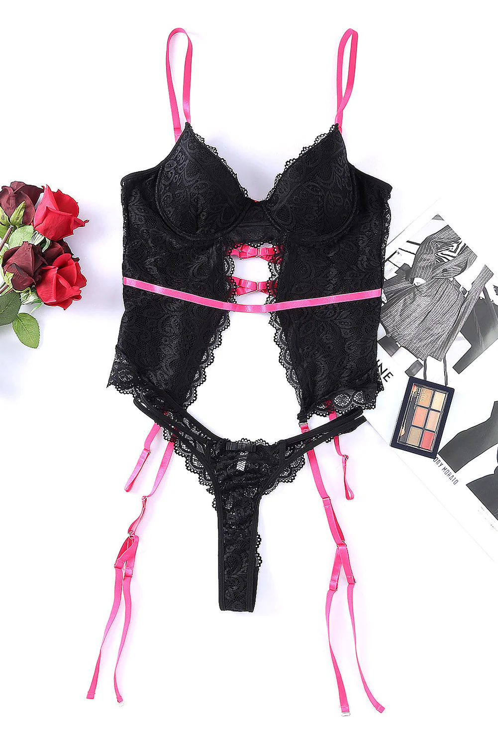 Black Color Block Lace Lingerie Set With Garter Belt - Image 4