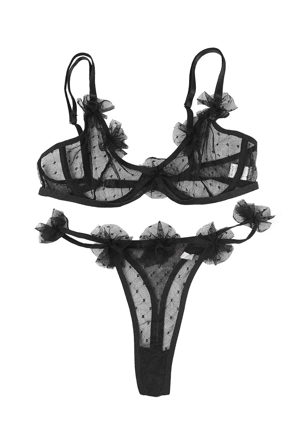 Black Embroidered Dot Tulle Bra And Thong Set - Image 13