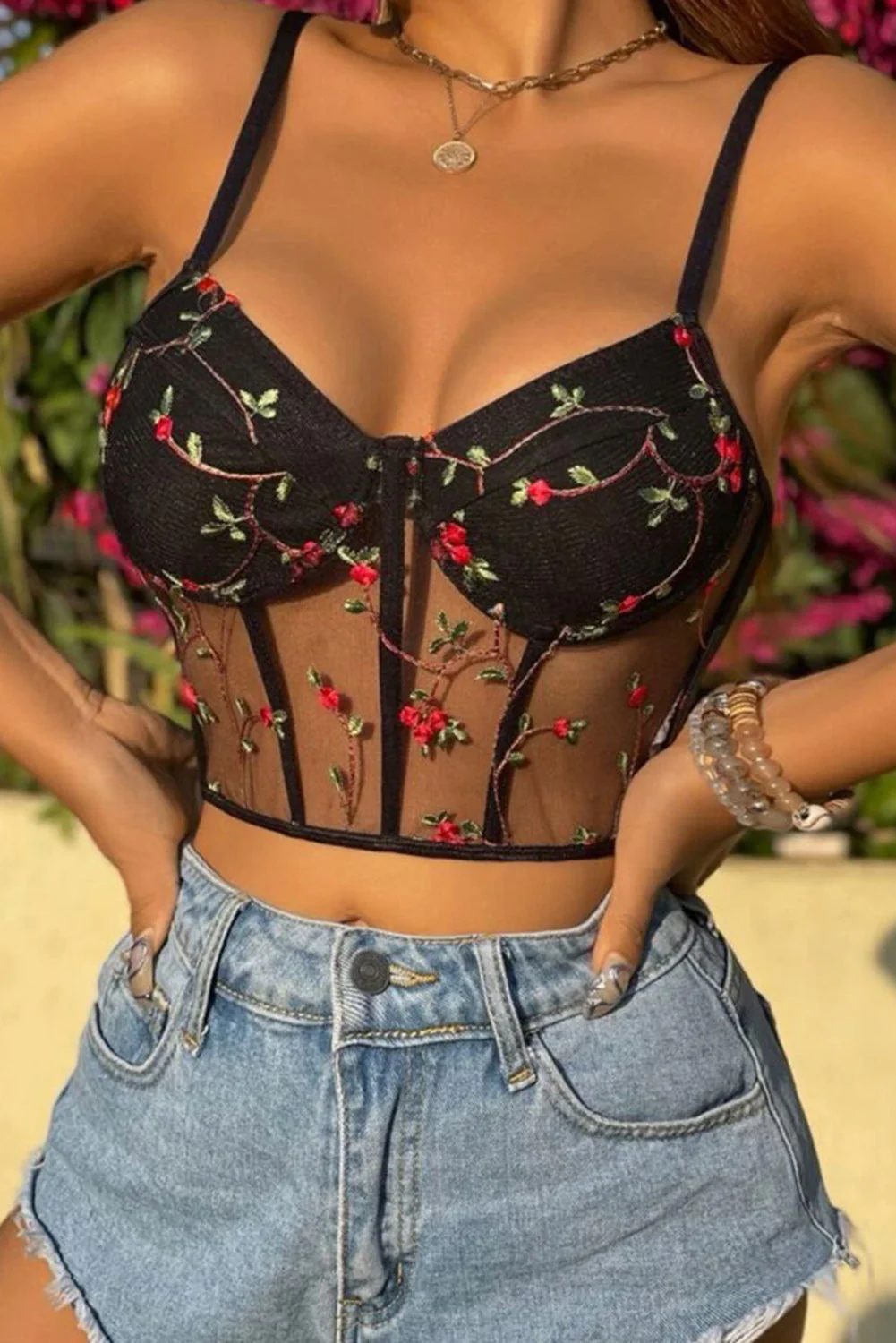 Black Floral Embroidery Mesh Bustier Bralette - Image 2