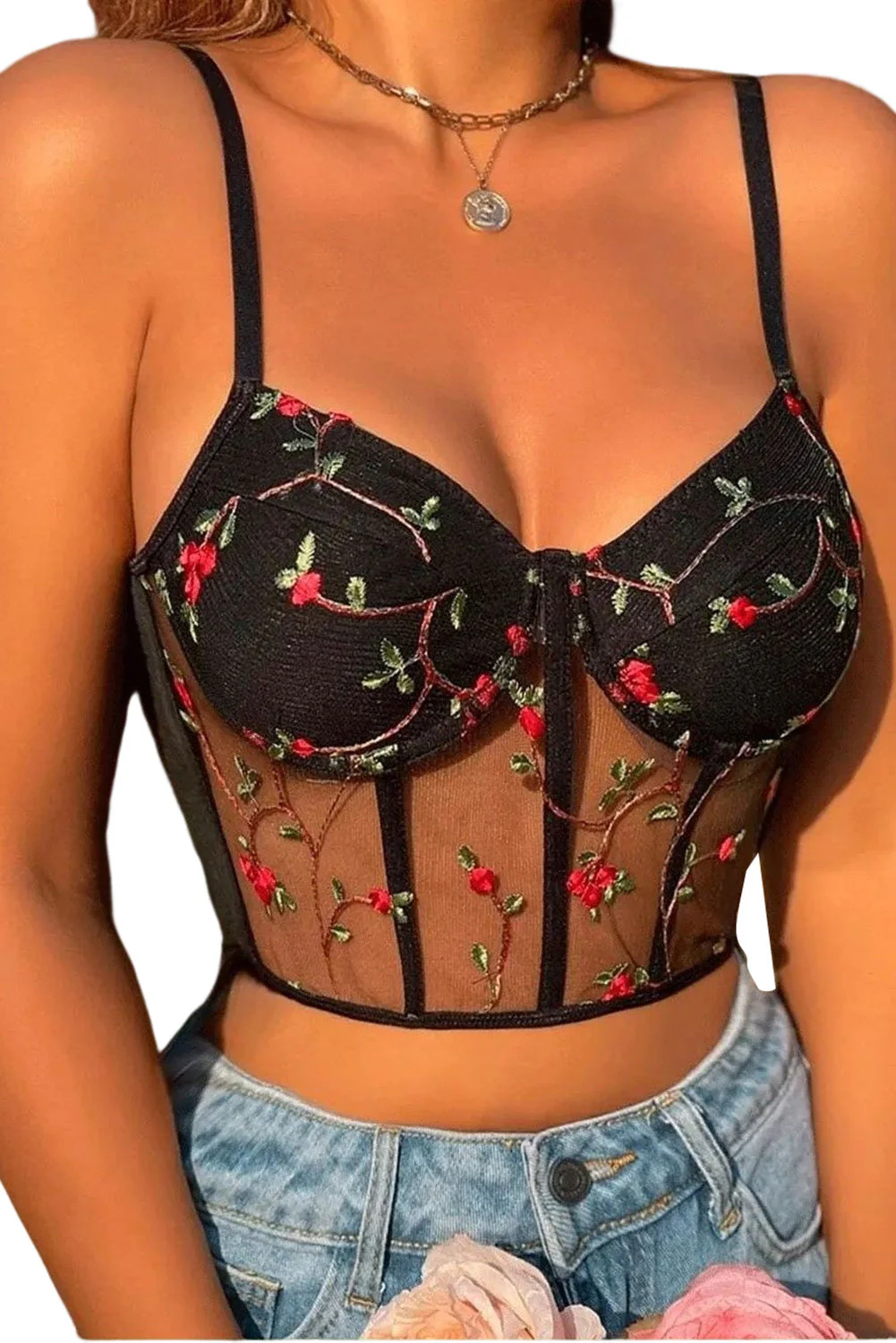 Black Floral Embroidery Mesh Bustier Bralette - Image 3