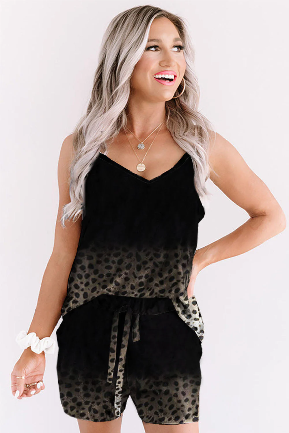 Black Gradient Leopard Pattern Sleeveless Drawstring Lounge Set - Image 3