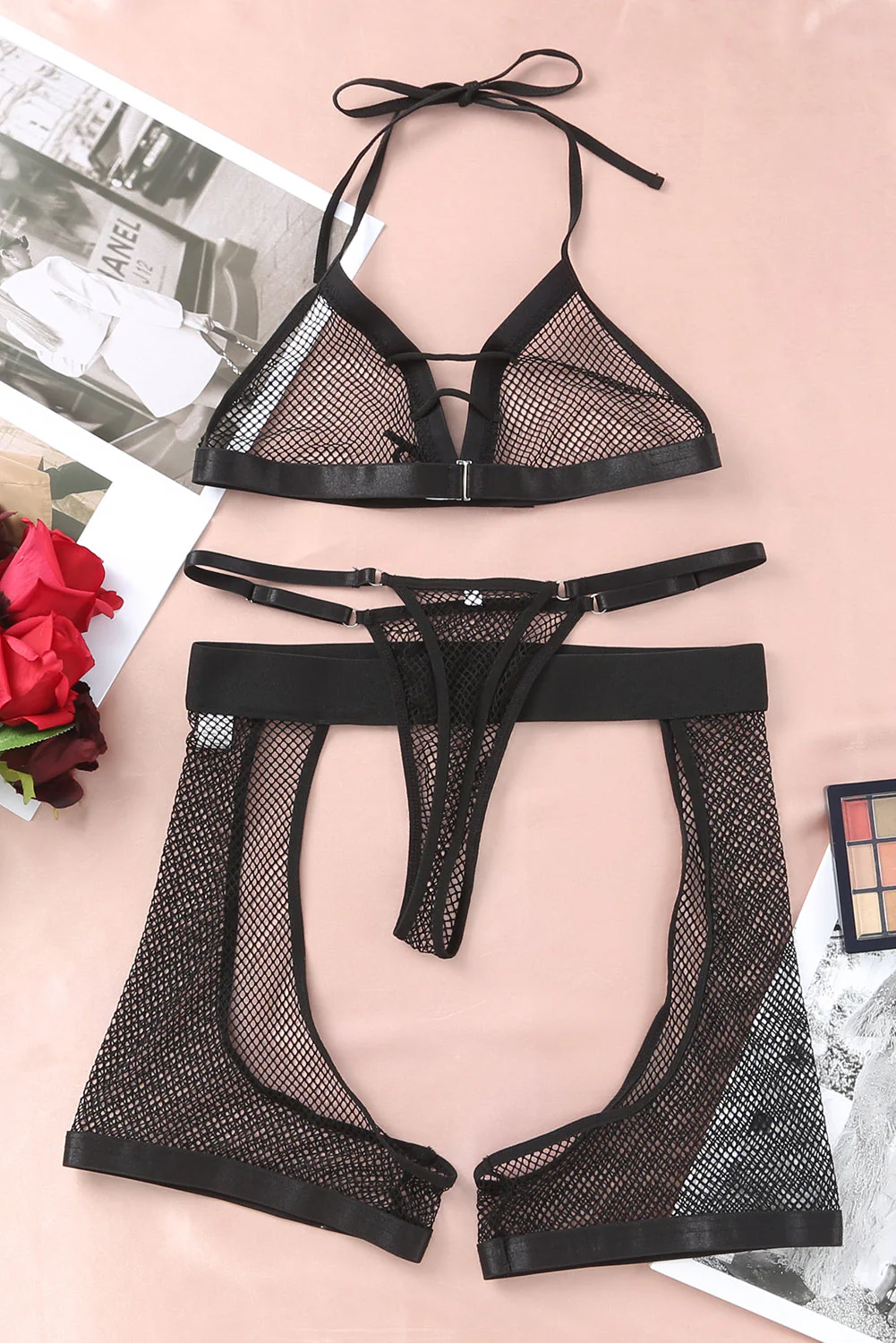 Black Halter Backless Fishnet Lingerie Set With Shorts - Image 10