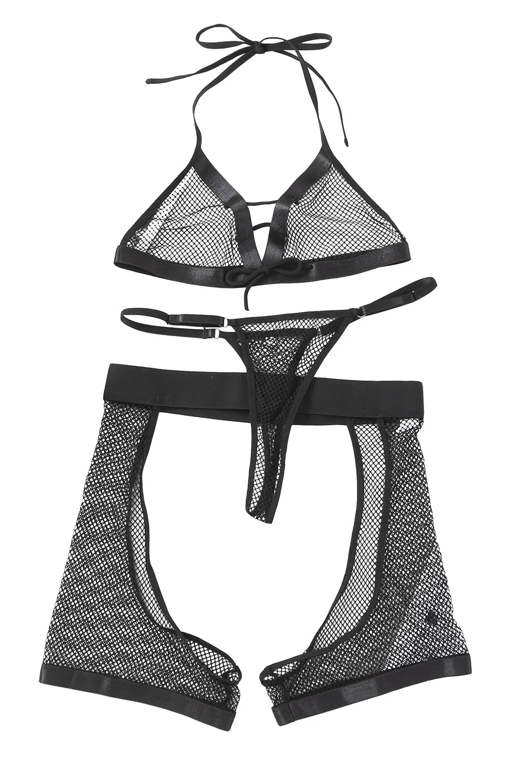 Black Halter Backless Fishnet Lingerie Set With Shorts - Image 18