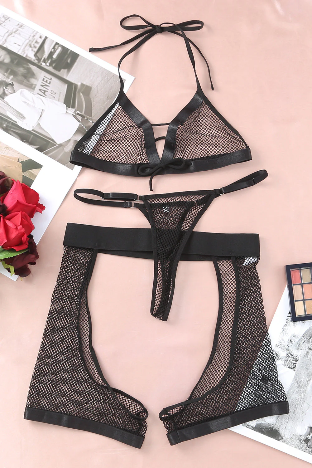 Black Halter Backless Fishnet Lingerie Set With Shorts - Image 9