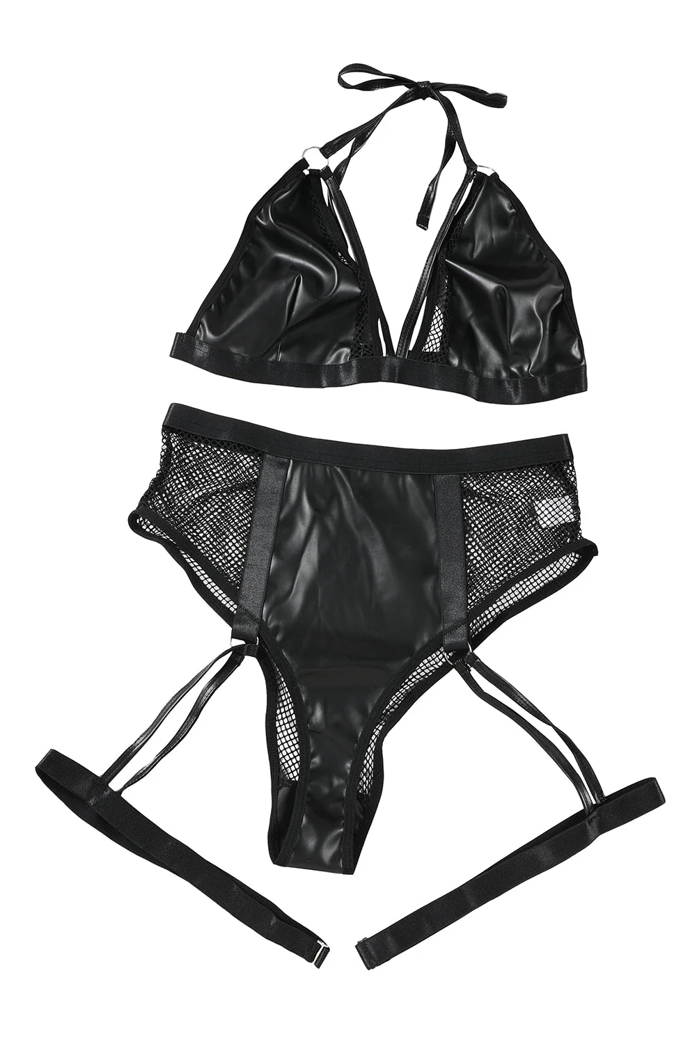 Black Halter Strappy Faux Leather Mesh Lingerie Set - Image 12
