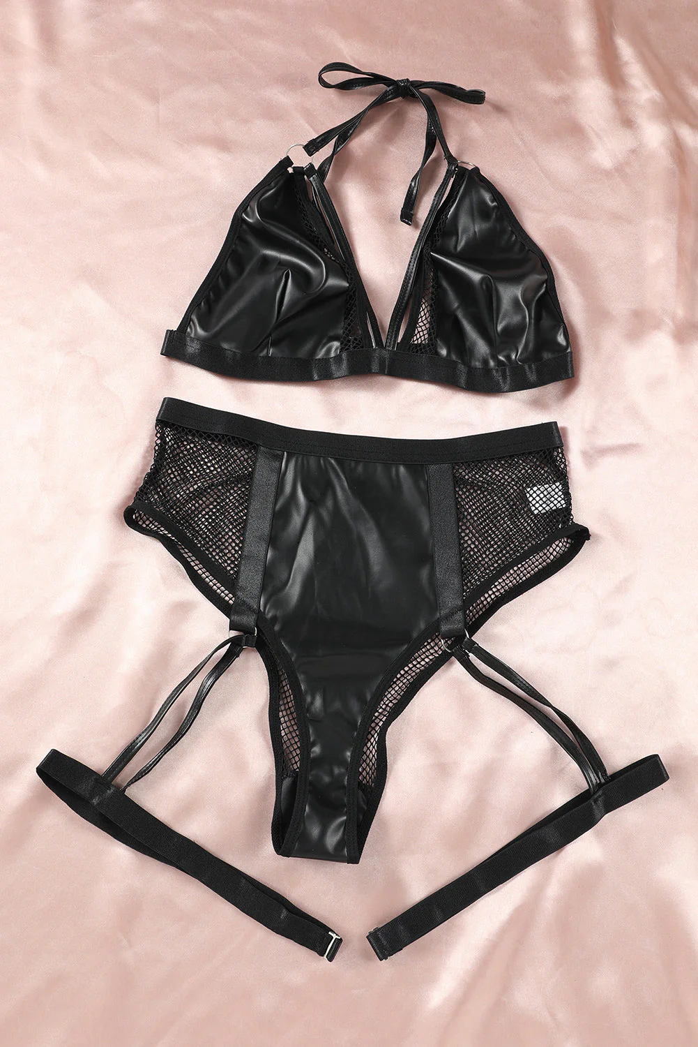 Black Halter Strappy Faux Leather Mesh Lingerie Set - Image 4