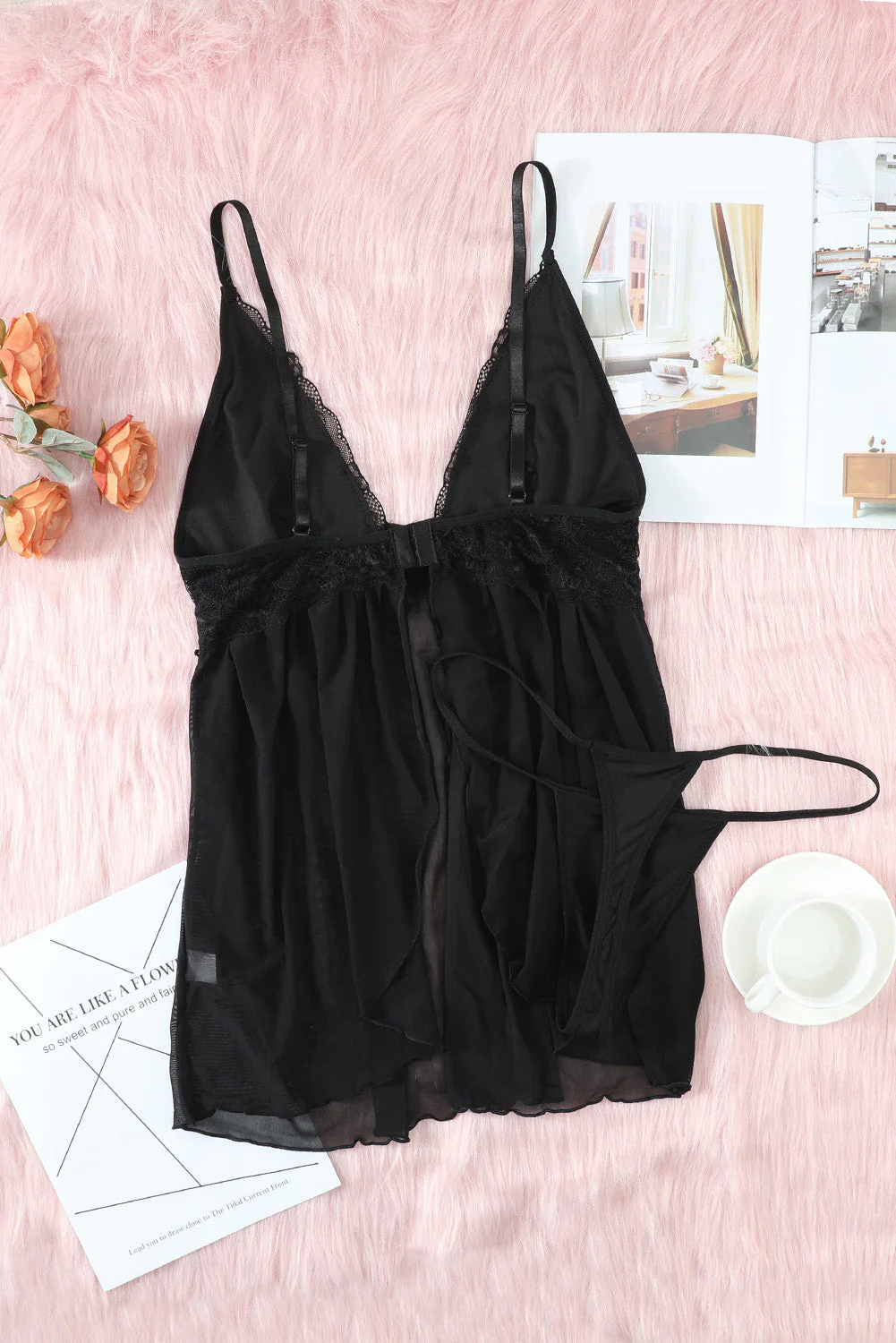 Black Lace Cups Tulle Babydoll Set - Image 10