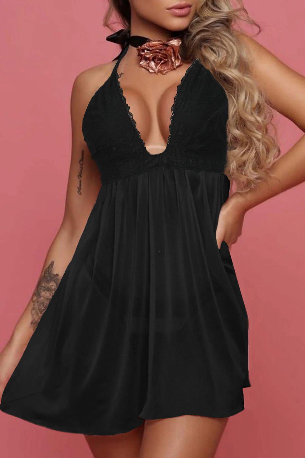 Black Lace Cups Tulle Babydoll Set - Image 5
