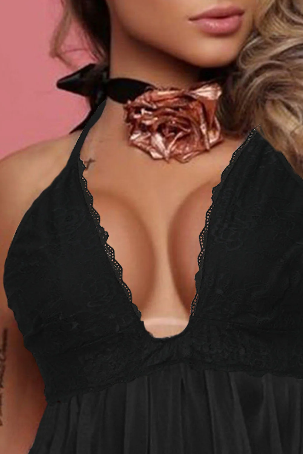 Black Lace Cups Tulle Babydoll Set - Image 7