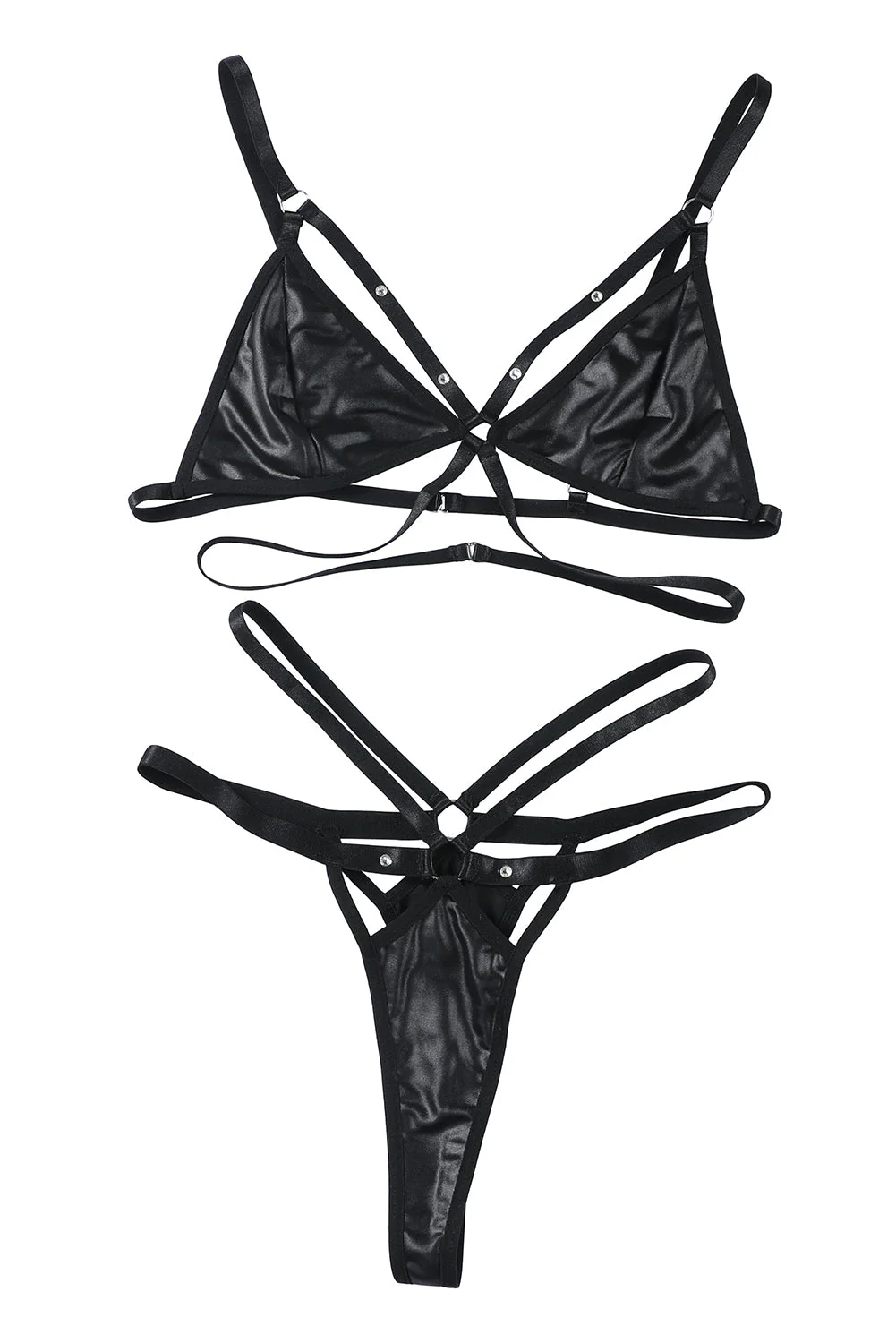 Black Leather Strappy Bra And Thong Lingerie Set - Image 10