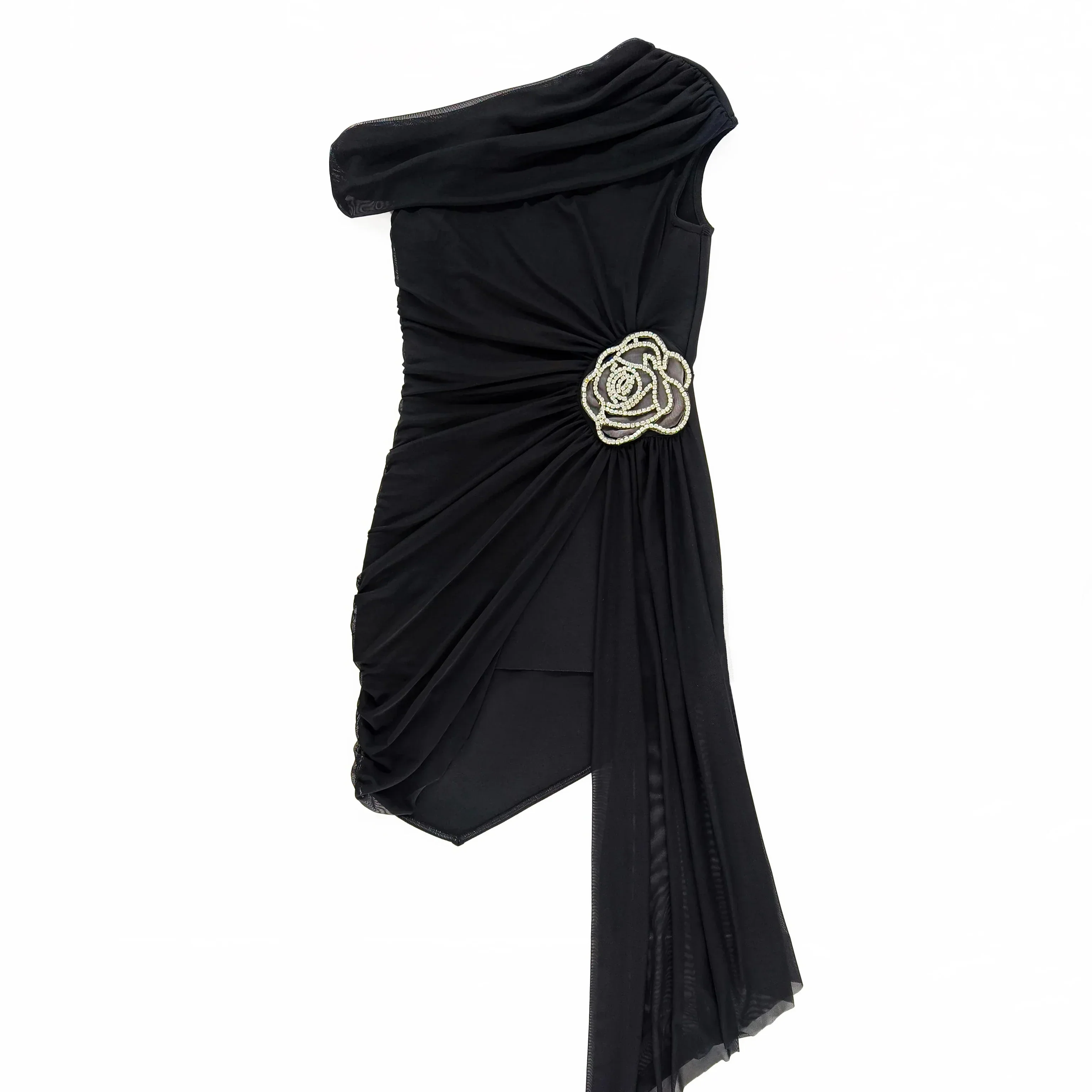 ONE SHOULDER Black Mini Dress with SIDE TRAIN - Image 8