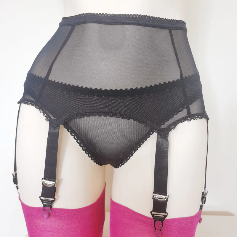 Black Polka Dot Sheer Adjustable Garter Belt With Thong - Image 2