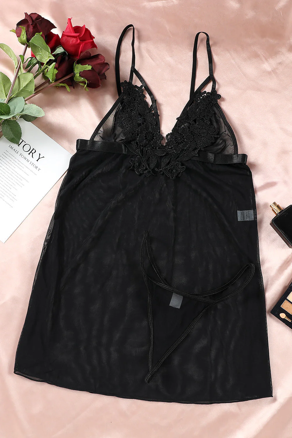 Black Sheer Lace Mesh Babydoll With Thong - Image 6