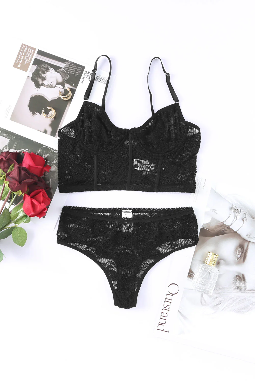 Black Soft Bone Lace Bustier Lingerie Set - Image 5