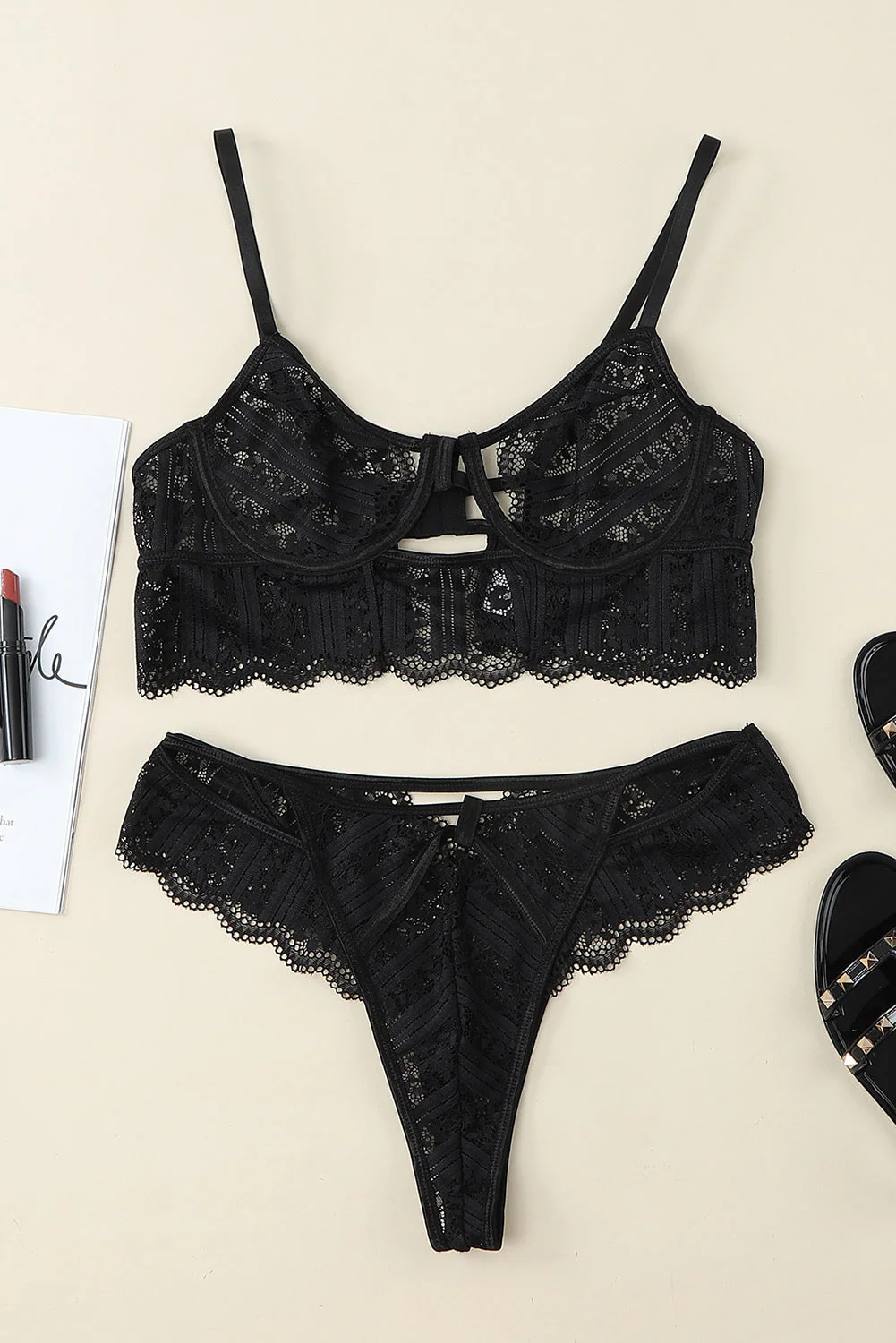 Black Spaghetti Strap Lace Bralette Set - Image 6