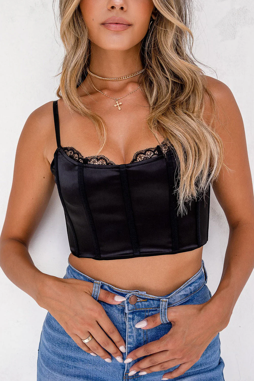 Black Spaghetti Straps Boning Structure Lace Trim Bralette - Image 4