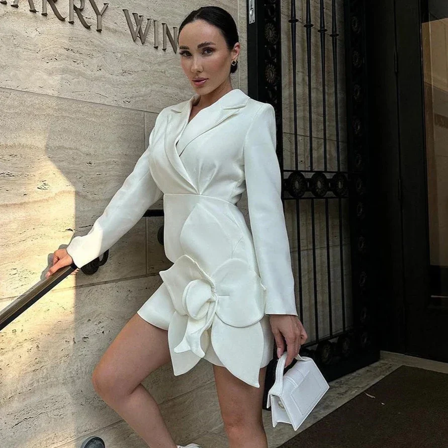 WHITE Blazer Dress with FLowER DETAIL - Image 8